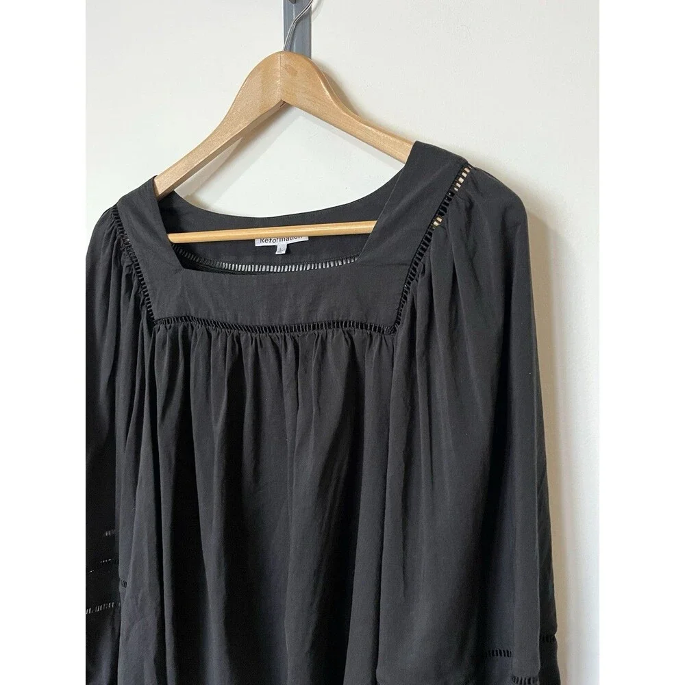 Reformation Black Square Neck Long Puff Sleeve Suzanne Boho Blouse Size Large